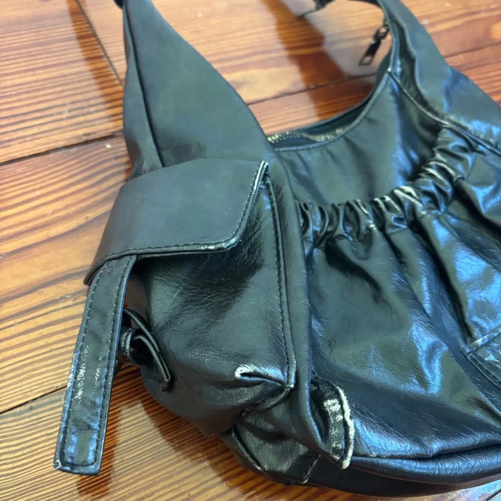 MKMX Black Faux Leather Slouchy Shoulder Bag Handbag Pocket Y2K Vintage Style